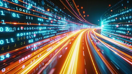 Fototapeta premium Data moves quickly on a road, creating the illusion of speed. This shows how digital transformation, new ideas, and quick business methods will change the future.