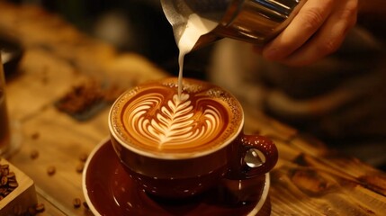 A barista skillfully pouring latte art into a cup of cappuccino, showcasing the art and craft of coffee making