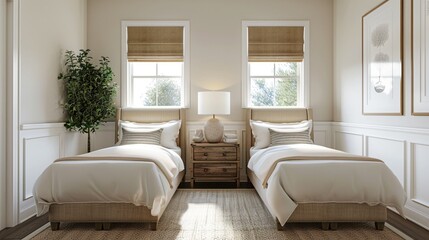 A bedroom with twin beds and a shared nightstand, ideal for siblings or guests in a family home