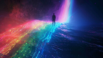 Fototapeta premium Man on rainbow stream with night sky backdrop