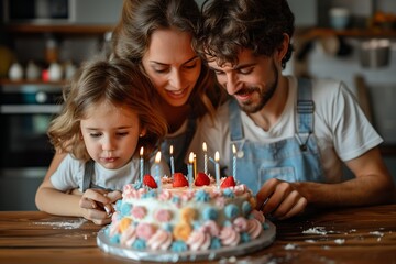 Fototapeta premium Family Celebrating Little Girl's Birthday With Cake and Candles