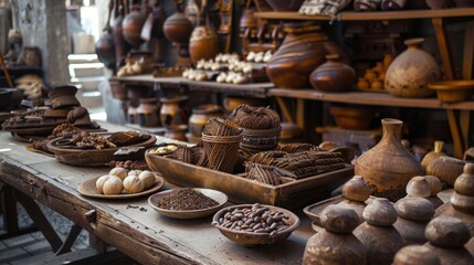 Fototapeta premium Traditional wooden crafts and spices at a market stall