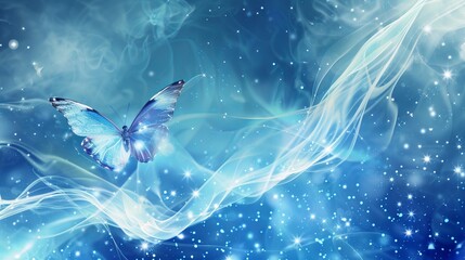A vibrant, flowing banner with shimmering blue and spiritual sparkles. In the corner, a beautiful butterfly with its wing open flies towards a white light and the vast expanse of space.
