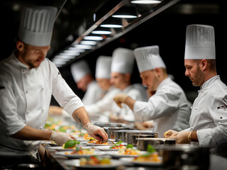 A chef guiding a team of kitchen staff