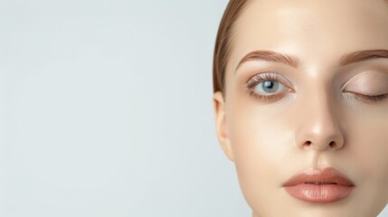 Fototapeta premium Young woman with perfect soft skin. Beauty, cosmetology, cosmetics, plastic surgery concept. Light isolated background, close up. Space for text