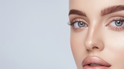 Fototapeta premium Young woman with perfect soft skin. Beauty, cosmetology, cosmetics, plastic surgery concept. Light isolated background, close up. Space for text