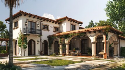 Fototapeta premium Generate a prompt for a photo realistic image of a Mediterranean villa with a central courtyard, terracotta roof tiles, and arched windows. 