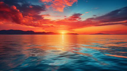 Obraz premium Vibrant Sunset Over Calm Ocean with Dramatic Red Clouds Reflecting on Water Mountains in Background