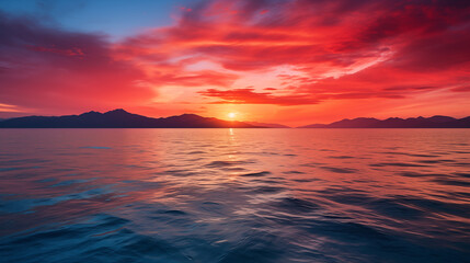 Brilliant Sunset Over Ocean with Intense Red Sky and Distant Mountains