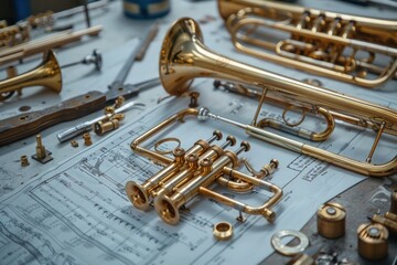 Obraz premium The photo showcases a musical instrument designer in the process of assembling a new brass instrument. The workshop is filled with metalworking tools, parts, and blueprints. The designer is
