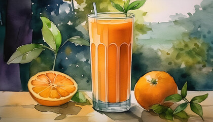Watercolor of refreshing healthy orange smoothie in tall glass with fresh oranges and green leaves