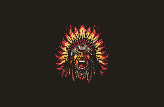 American native chief head angry on fire apache vector illustration