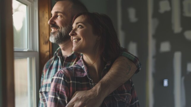 Couple embraces while gazing out the window of their new home as it is being built