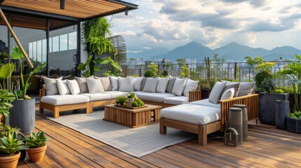 Fototapeta premium Modern Urban Rooftop Patio with Stunning Mountain Views