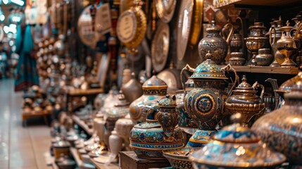 Traditional market stall with antique metalware