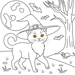 Black cat on the moonlight, Halloween Outline Coloring Page