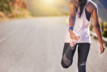 Woman, back and stretching legs in outdoor for warm up before running, workout and training for marathon. Girl, exercise and ready for practice on road, fitness routine and prepare for race.