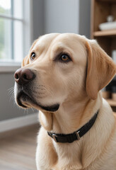  A loyal Labrador Retriever gazing lovingly at its owner. 