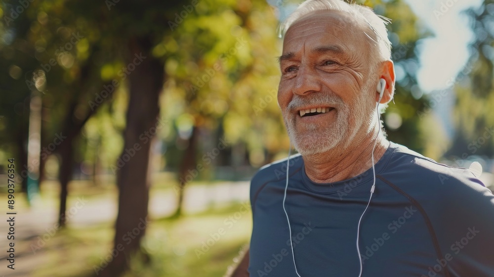 Wall mural a man wearing headphones and smiling while running in a park