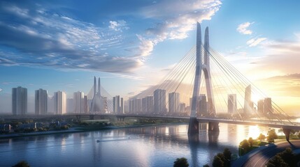Obraz premium A cable-stayed bridge with modern architectural design, spanning a bustling river