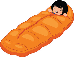 Young girl is smiling while resting inside her orange sleeping bag after a camping trip