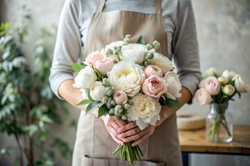 Small business. A female florist decorator holds in her hands a beautiful delicate bouquet of peonies for the buyer. Floral design. Flower delivery, order processing.