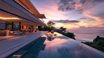 Fototapeta premium Luxury Waterfront Villa with Infinity Pool at Sunset
