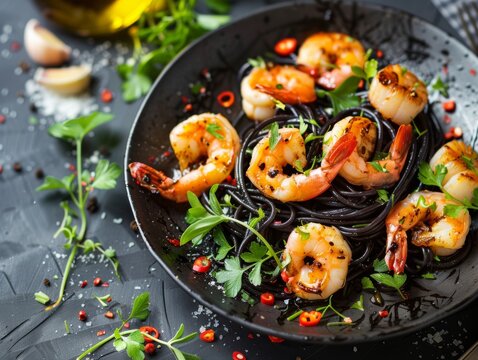 Exquisite Seafood Pasta Delight on Slate Table with Moody Lighting