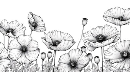 Black and white poppy flower illustration.