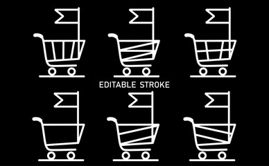 Editable lines shopping cart design to use for ecommerce, online shopping, web commerce projects. Creative black friday business concept illustration to use for advert, discount, online promotion.