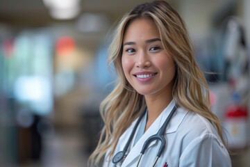 Fototapeta premium asian doctor stand and smiling in the hall of hospital on white medical coat with stethoscope. Scenes in the hospital concept.