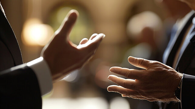 Close-up of businessmen's hands gesturing while discussing during an office meeting, highlighting communication and professional interaction.