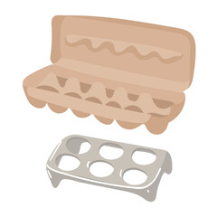 A set of two illustrations shows an open empty cardboard box, usually used for transporting and displaying eggs, and shows a plastic egg tray designed to store eggs in the refrigerator. Collection