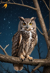  A majestic owl perched on a tree branch, watching the night sky. 