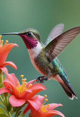 Fototapeta premium A colorful hummingbird sipping nectar from a flower. 