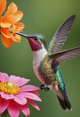 Fototapeta premium A colorful hummingbird sipping nectar from a flower. 
