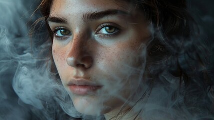 A portrait of a young woman with smoky effects blending into her face.