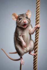  A mischievous rat climbing on a rope. 