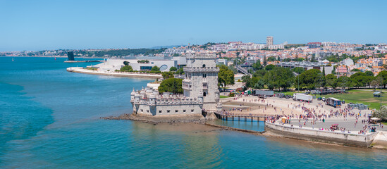 Fototapeta premium Aerial close up view of the Tower of Belem in Lisbon, Portugal on the Tagus River.