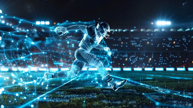 AI powered sports analytics concept with computer vision tracking players in action, showcasing real time performance analysis, and machine learning for enhanced coaching.