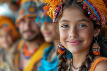 Fototapeta premium Young Girl Smiles at the Camera While Wearing a Colorful Headscarf and Braided Hair in a Group