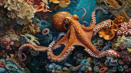 Obraz premium Octopus hiding among coral and rocks