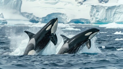 Fototapeta premium Pair of orcas breaching the surface of the icy Antarctic waters