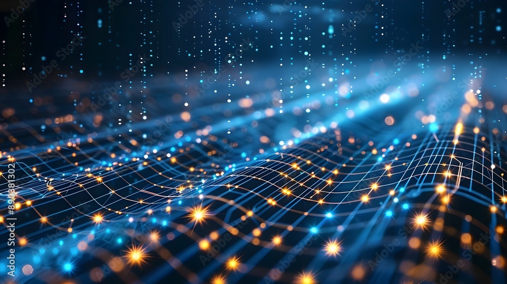 Poster captivating digital network visualization with interconnected nodes and flowing data streams in a hi