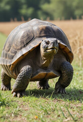 Obraz premium A majestic tortoise lumbering through a field. 