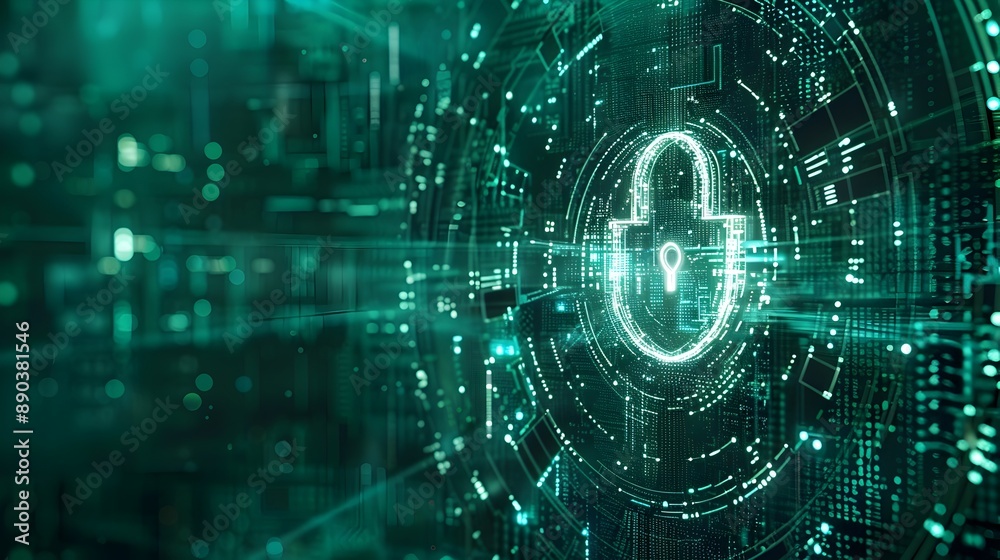 Poster cybersecurity digital lock and matrix background for secure and high tech cyber concept