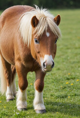  A playful Shetland pony grazing in a meadow. 