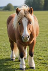 Obraz premium A playful Shetland pony grazing in a meadow. 