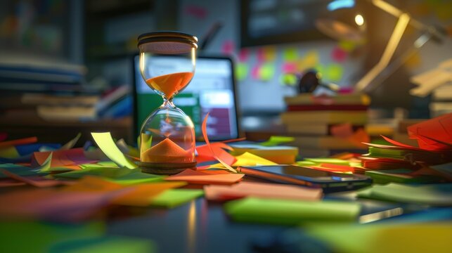 Hourglass on Desk with Colorful Sticky Notes and Laptop. Generative ai