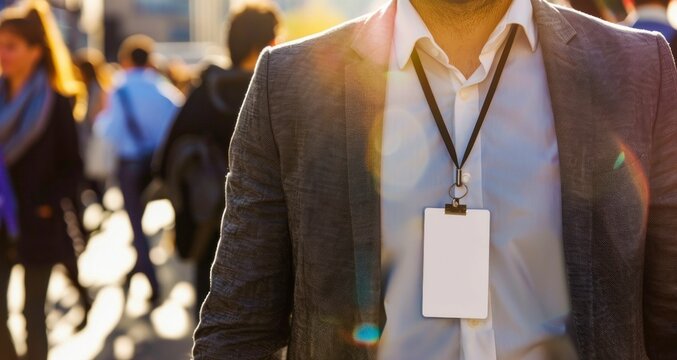 Businessman with Blank Name Tag in a Busy City Street. Generative ai.